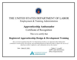 Copy of RADD's Certificate from the Department of Labor.  Apprenticeship Ambassador Certificate of Recognition.
